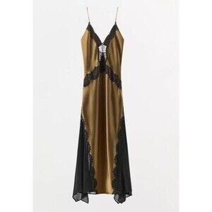 NWT Zara Combination Satin Lace Asymmetric Slip Dress Beige Gold Size S Small